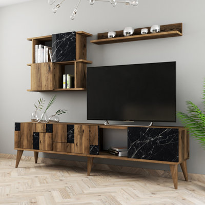 Modern TV Unit with Wall Shelves, Walnut & Black Finish, 70.9 x 19.1 x 13.3 inches | 100% Melamine Coated Particle Board, Thickness: 0.7 inches | Stylish Storage Solution for Living Room, Easy Wall-Mounting Design