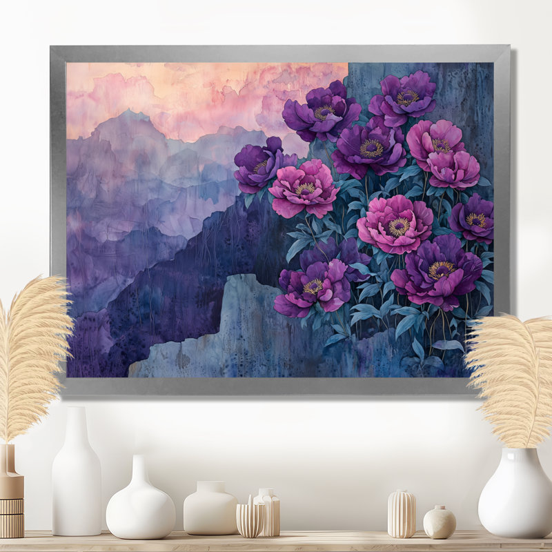 Lavande, pivoines sur le versant rocheux II - pivoines, art mural, H 24 po x l 32 po, Cadre simple argenté