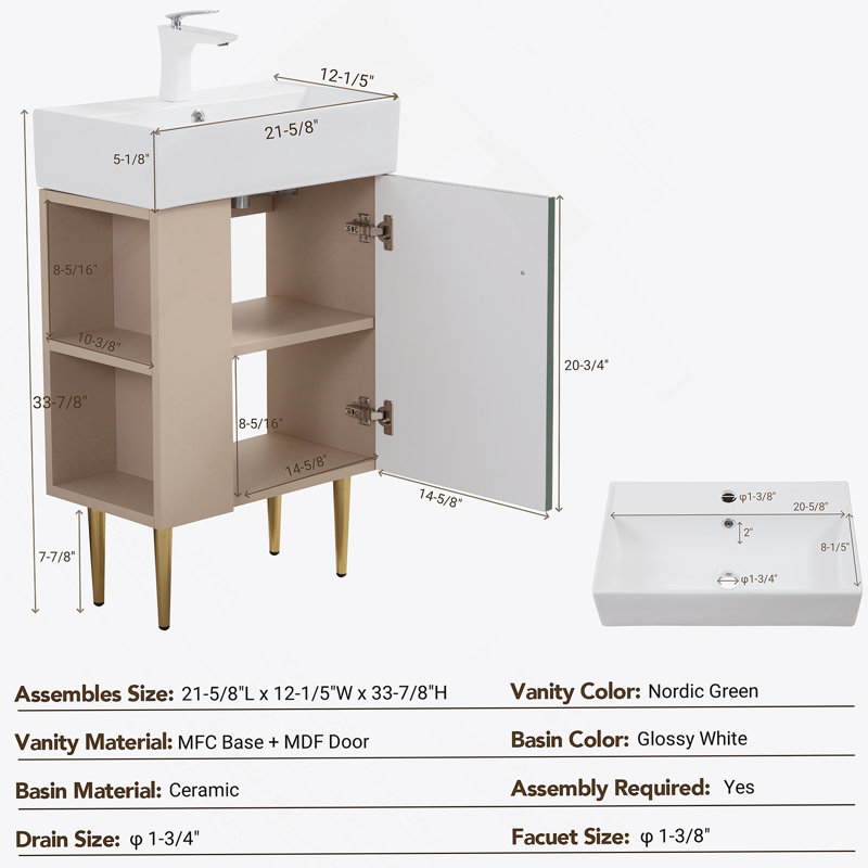 Meuble-lavabo à tablettes ouvertes avec lavabo en céramique et porte à fermeture douce, armoire de rangement pour vestiaire, assemblage requis pour une salle de bain fonctionnelle