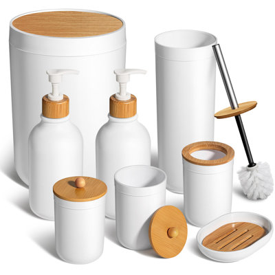 Ensemble d'accessoires de salle de bain blanc, ensemble de 8 accessoires de salle de bain complets avec poubelle, distributeur de savon et porte-brosse à dents, porte-savon, porte-coton-tige, porte-brosse de toilette