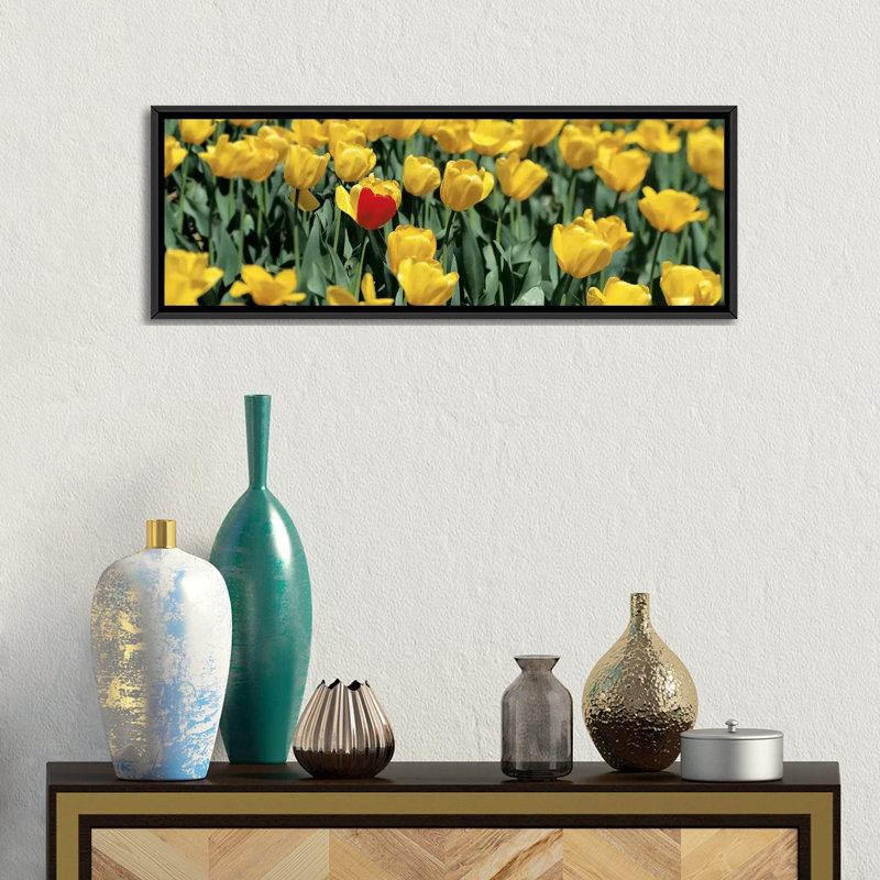 Tulipes panoramiques dans un champ, reproduction de photo sur toile en jaune, H 16 po x l 48 po x P 1,5 po