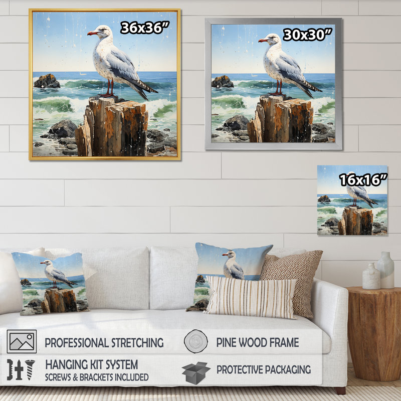 Seagull Solitude Pointillism II - impression, Cadre photo noir, H 30 po x l 30 po x P 1 po
