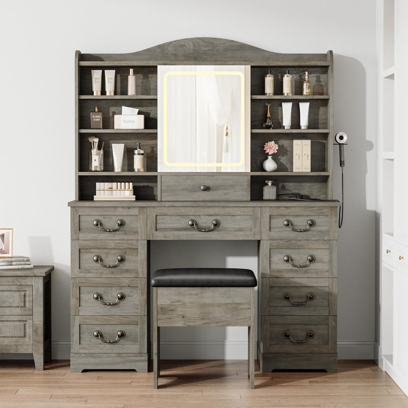 Coiffeuse de 120 cm avec miroir, éclairage, prise électrique, 10 tiroirs, étagères de rangement et tabouret, pour chambre à coucher