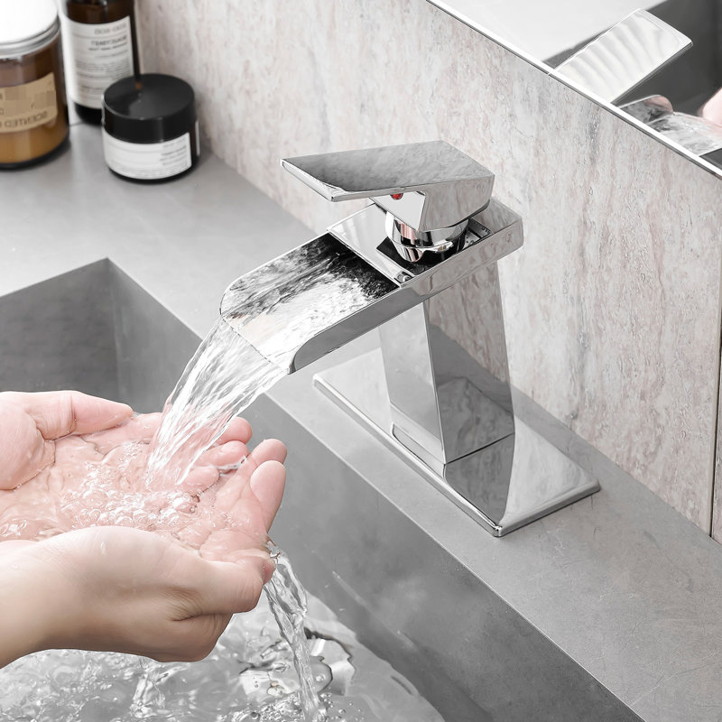 Robinet de salle de bain avec cascade de plaque de pont, poignée, valve à cartouche, robinet de style moderne en cas d'utilisation, d'un côté, monté