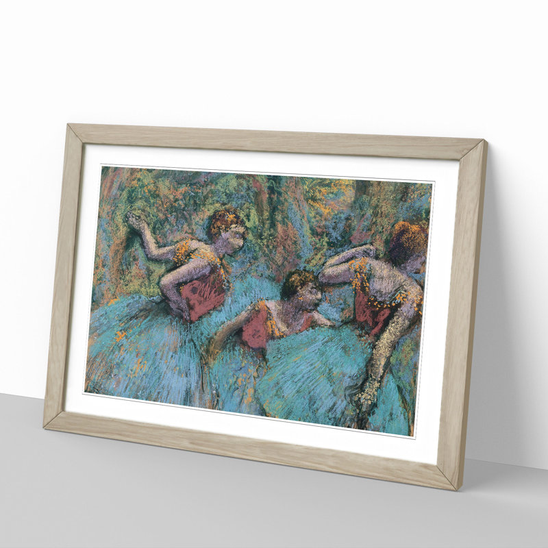 Three Ballet Ballerina Dancers in Blue by Edgar Degas - Picture Frame Painting, 36cm H x 48cm W x 2cm D, Oak
