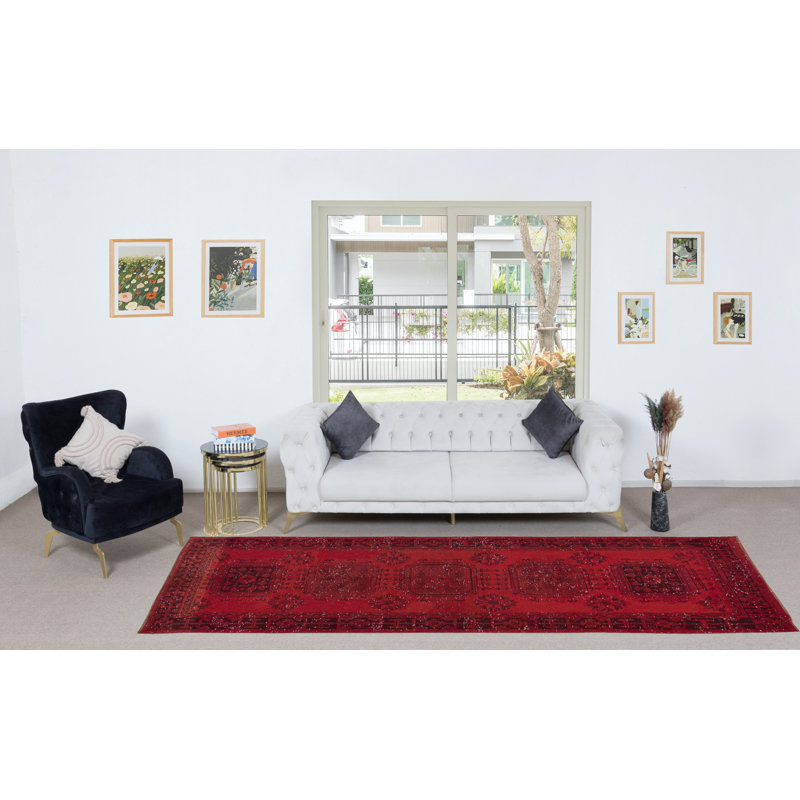 Tapis de couloir noué à la main 4 pi 11,2 pi pour décoration de couloir. Tapis de couloir turc moderne en rouge foncé