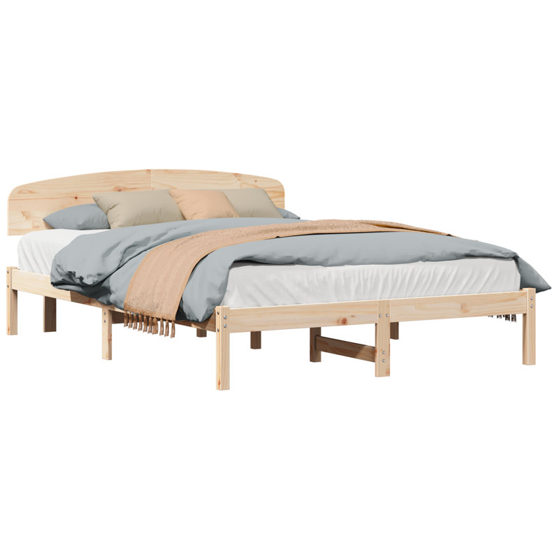 Vidaxl Bed Frame With Headboard Solid Pine Wood, Natural, European Kingsize (160 x 200 cm)