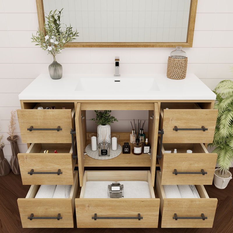 Victoria Oak Finish Freestanding Single Bathroom Vanity with Acrylic Top