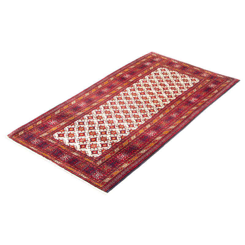 Tapis crème / rouge en laine noué à la main de conception unique 3 pi 7 po x 6 pi 9 po New Age