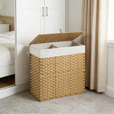 Panier à linge en osier avec couvercle, panier à linge pliable à 2 sections de 130 L (34 Gal) avec doublure amovible et poignées lavables à la machine, panier à linge en rotin jaune pour l'organisation et le rangement