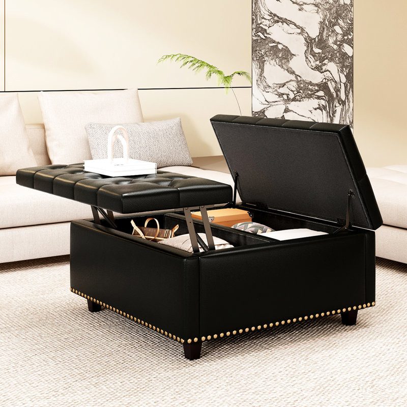 Grand rangement carré de style Mid-Century avec boutons, rangement moderne en similicuir noir, rembourrage confortable, Noir