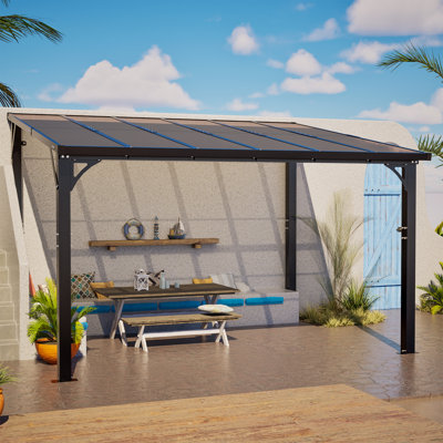 14x10 Ft Lean-to Gazebo, Tinted Polycarbonate Hardtop, UV-Shielded Garden Pavilion