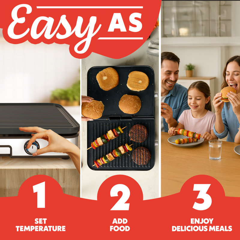 Barbecue et plaque chauffante 3 en 1 Gourmia avec plaques en céramique sans PFAS, deux zones de température et surface de cuisson de 28 po, acier inoxydable