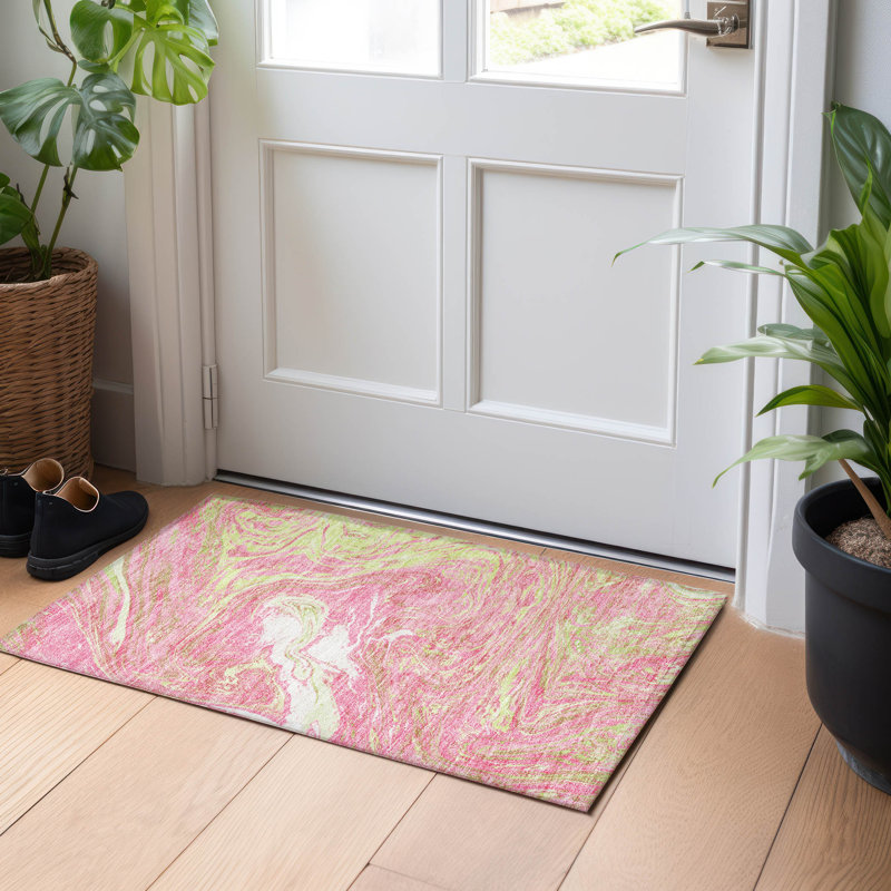 Pink Abstract Washable Non-Slip Synthetic Rug 20" x 30"