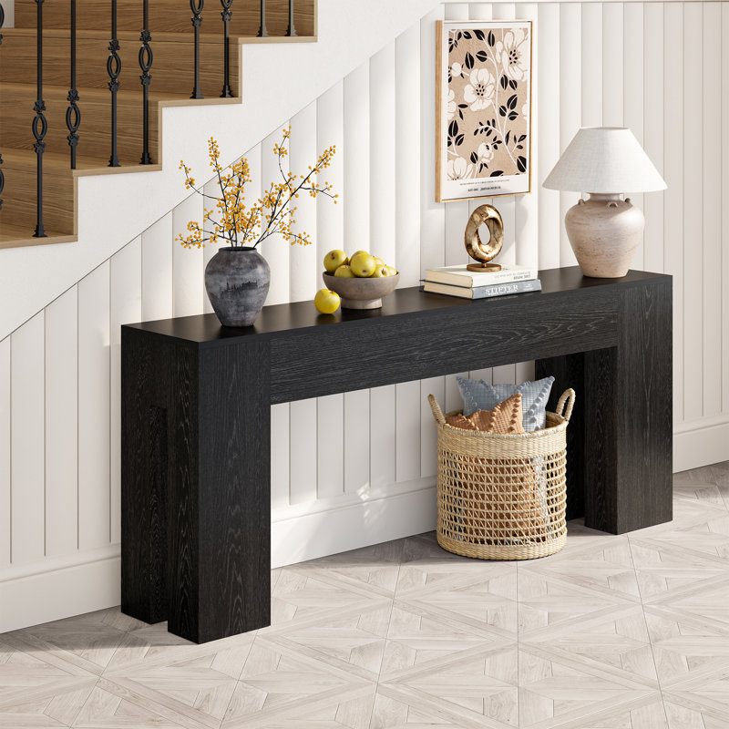 Farmhouse 80-Inch Long Sofa Console Table For Entryway Living Room Hallway Foyer Entrance, Wood Behind Couch Table With Wooden Double Base, Black