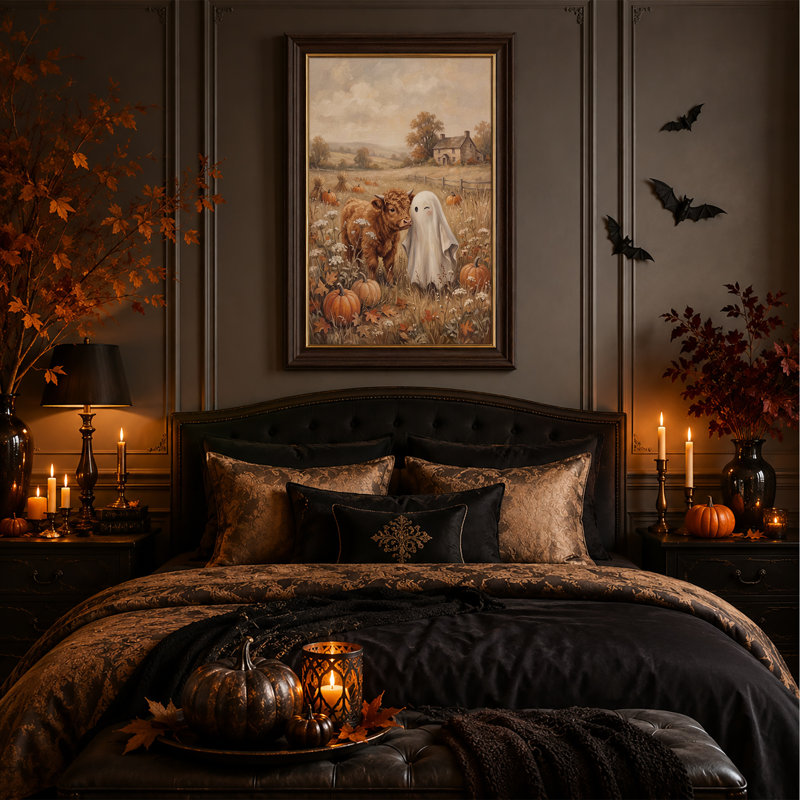 Toile d'Halloween Highland Cow and White Ghost in Pumpkin Patch, H 24 po x l 16 po