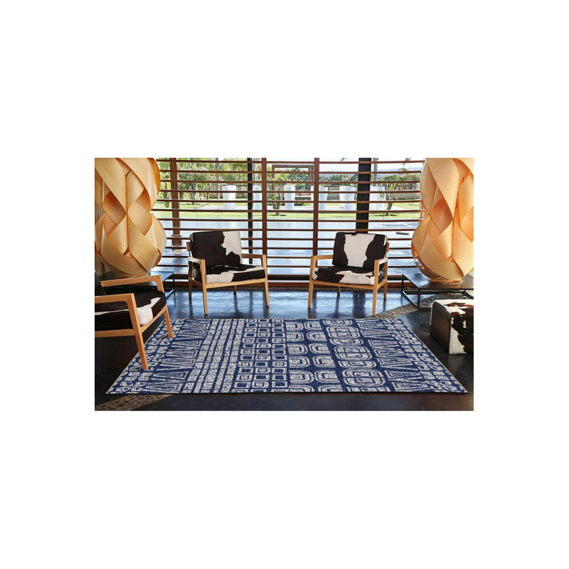 Tapis bleu délavé à motif géométrique mixte, Sous-tapis carré 3 pi 3 po inclus