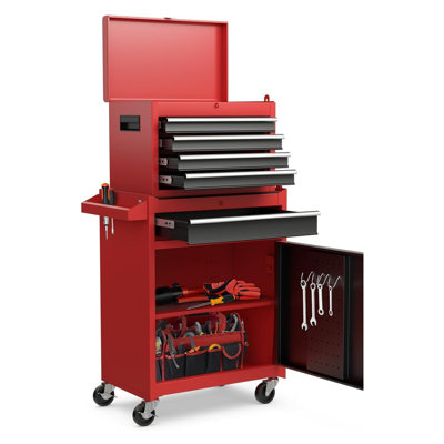 Coffre à outils robuste à 5 tiroirs sur roulettes, armoire à outils amovible 2-en-1 avec rangement verrouillable en acier pour le garage, l'atelier et la maison