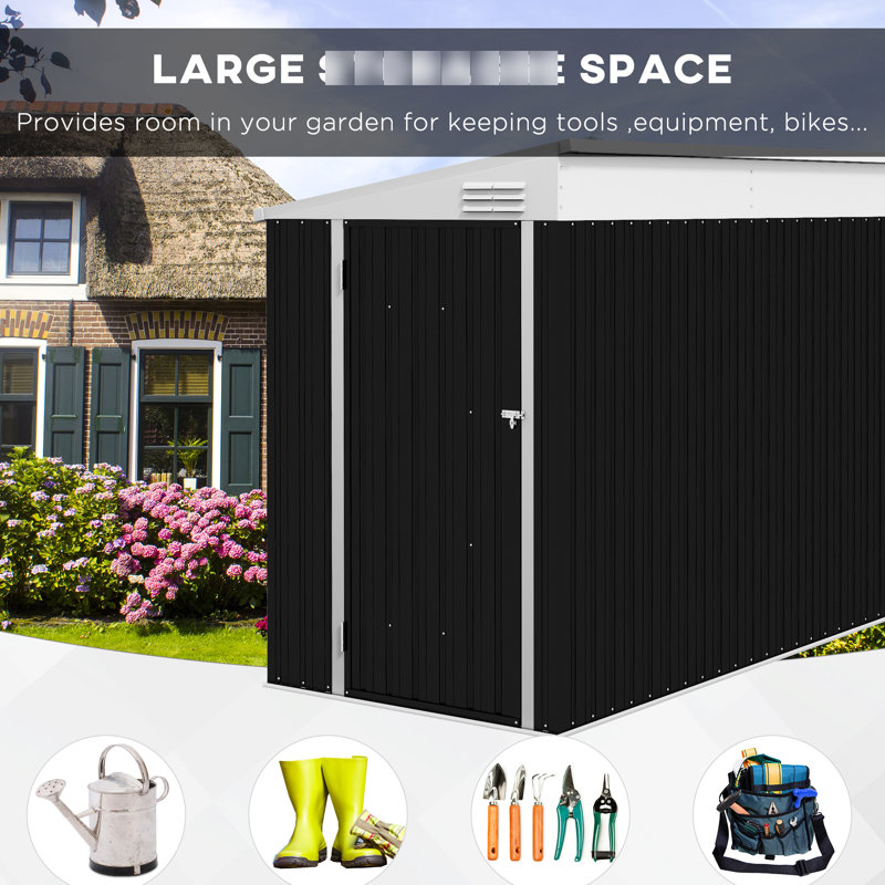 4'X8' Metal Shed - Dark Gray. Lockable To Valuables. 2 Air Vents For Circulation. Space Saving Yard Storage. For Backyard, Patio, Lawn. Galvanized Steel Gray Outdoor Storage 4'X8'. & Ventilated.