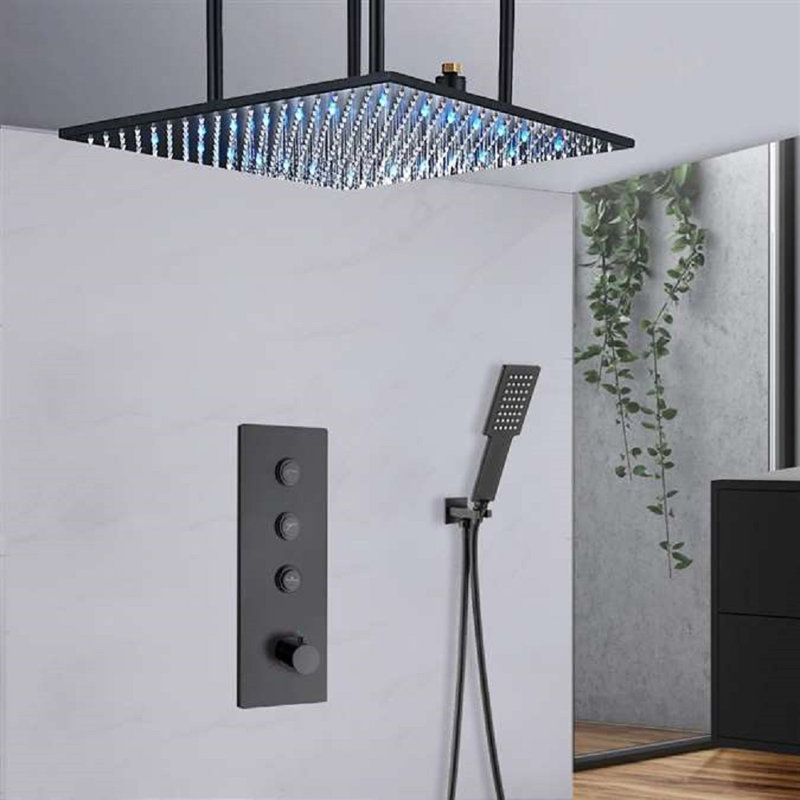 BathSelect Gaeta 20" Matte Black Thermostatic Ceiling Mount Mist Rainfall Shower System with Square Handheld Shower