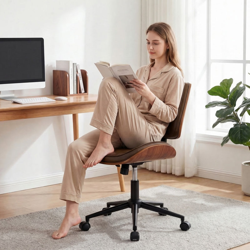 Modern Walnut Bentwood Armless Task Chair with Diamond Tufted Backrest, Khaki