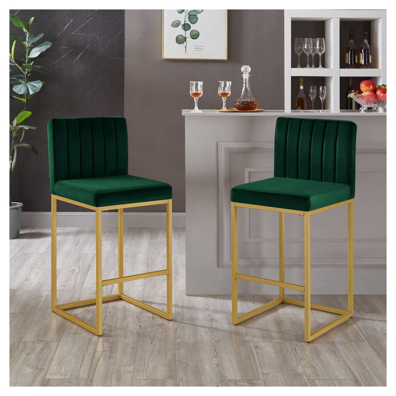 Tabouret moderne en velours à hauteur de comptoir avec dossier complet en jade, ensemble de 2