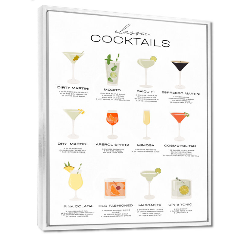 Recettes de cocktails classiques - Art mural de salon, cocktails, Cadre flottant blanc, H 20 po x l 12 po