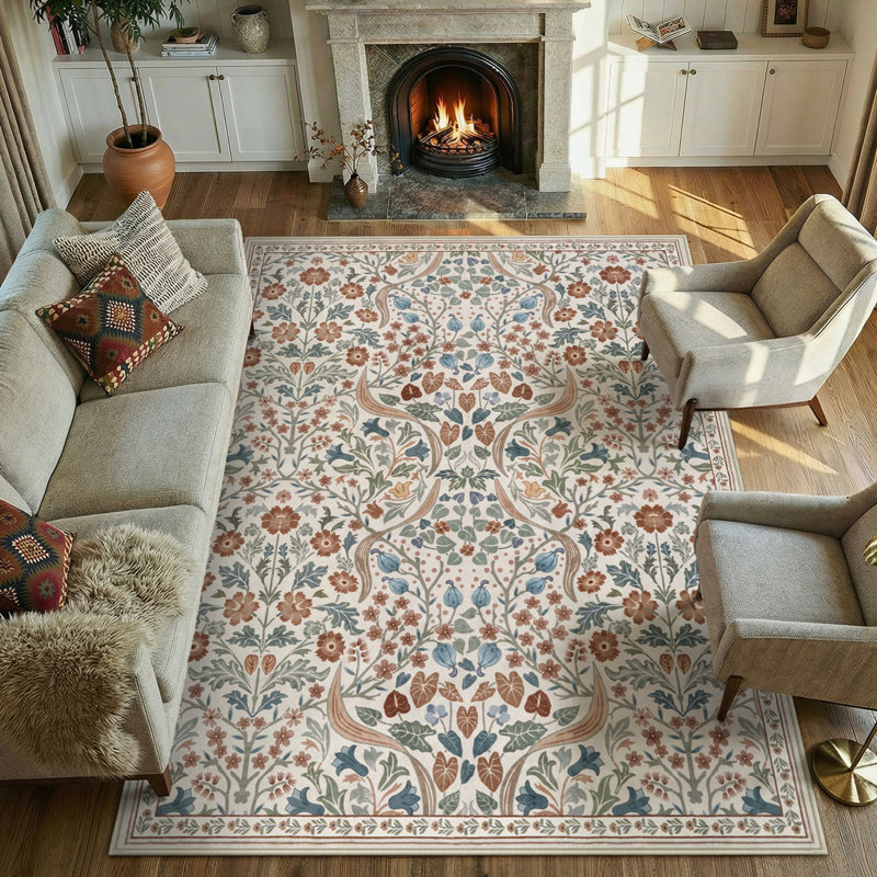 Tapis lavable à motif floral Kaldi, Rectangulaire 8 pi x 10 pi, Beige