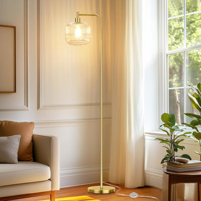 67" Modern Glass Floor Lamp With Ribbed Clear Shade, Pedal Switch, 2700K Led Bulb Included For Living Room, Bedroom, Study