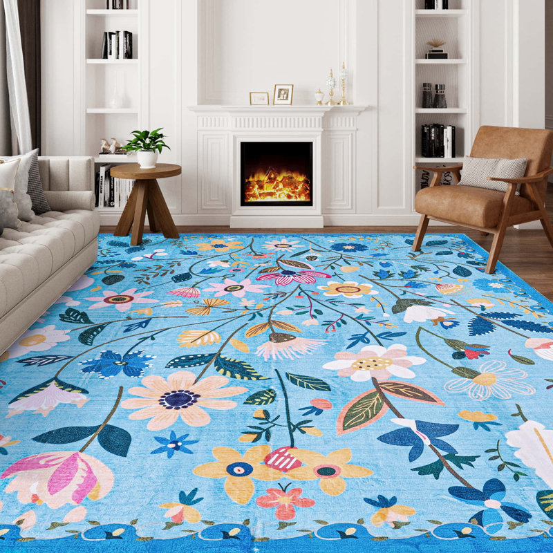 Nature Voja Floral Non-Slip Machine Washable Colorful Modern Area Rug in Blue for Living Room, Bedroom, Hallway Runner, Entryway Rugs