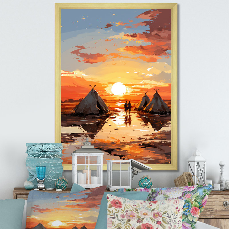 Tentes sahraouies, paysage africain III, Cadre doré simple, H 20 po x l 12 po x P 1 po