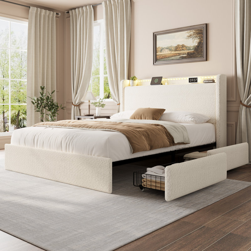 Structure de lit avec tête de lit Boucle, Beige, Complète