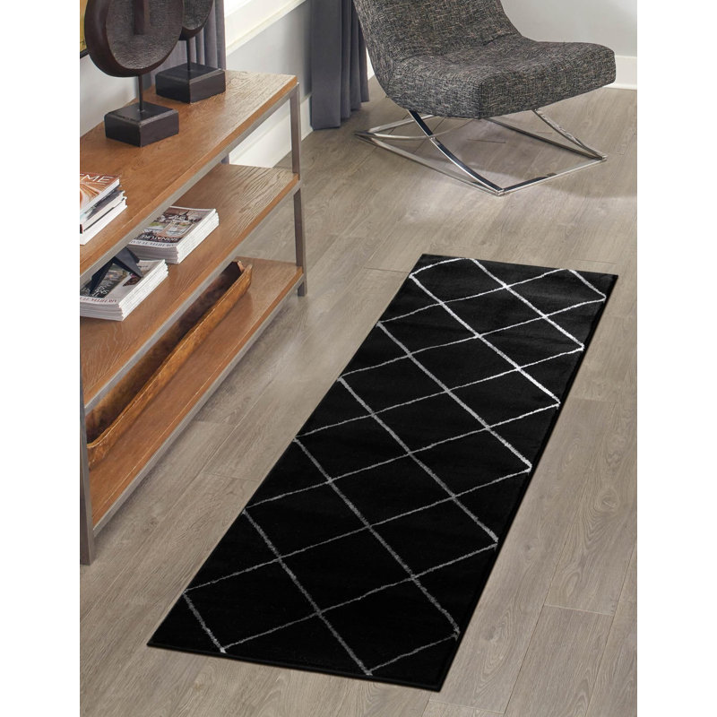 Tapis contemporain noir et argent Etowah, Tapis de couloir 2 pi x 8 pi