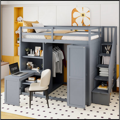 Lit mezzanine double avec garde-robe, bureau et tablettes