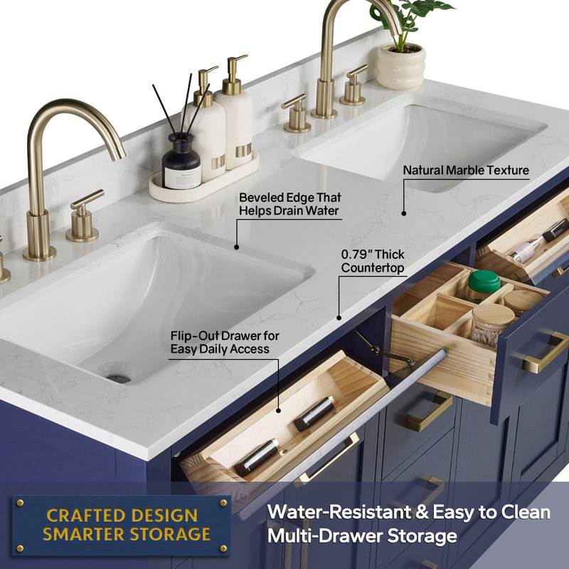60'' Double Bathroom Vanity with Drawers, Shelf, Outlet, and Engineered Marble Top, 60'', Royal Blue