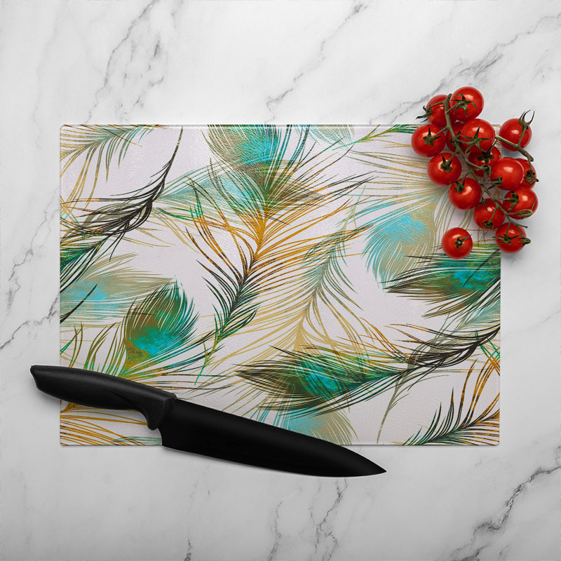 Imprints Peacock Feathers Glass Chopping Board