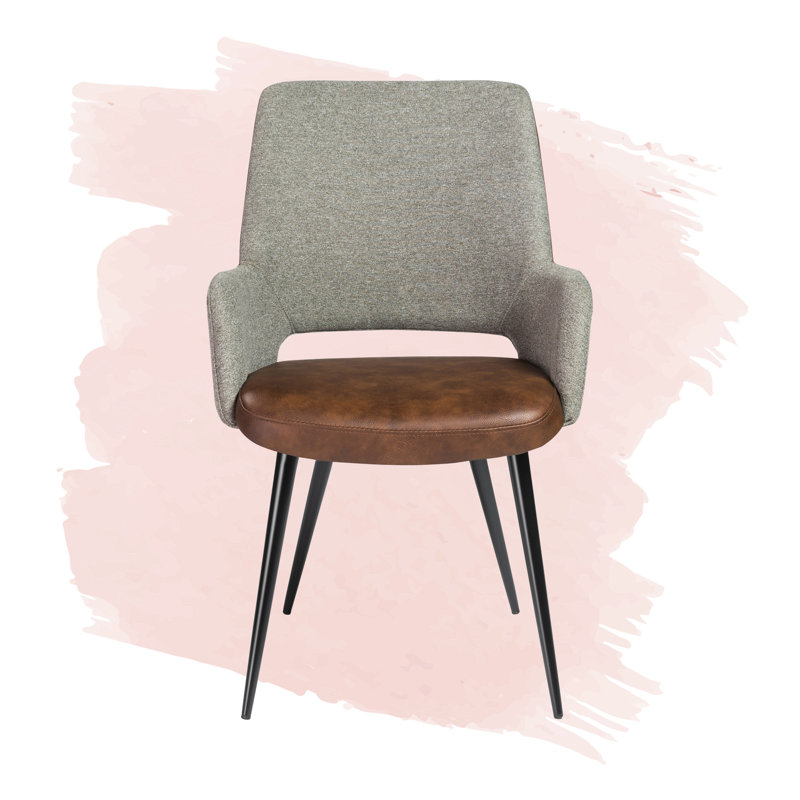 Chaise avec accoudoirs rembourrée Ludovick, Similicuir brun foncé, Noir mat