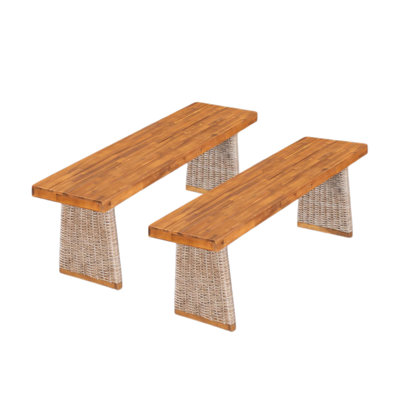 Durable Outdoor Acacia Wood Bench Set Of 2 With Teak Finish And Wicker, Perfect For Patio And Garden Use