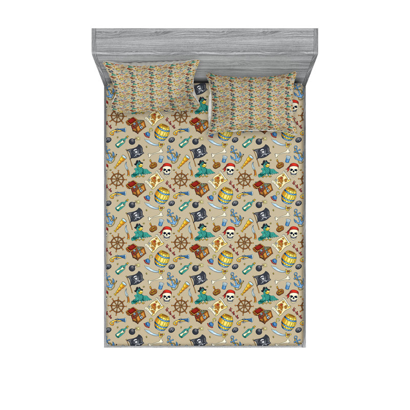 Ambesonne Pirates Fitted Sheet & Pillow Sham , Multicolor, King Fitted Sheet Set + 4 Pillow Cases
