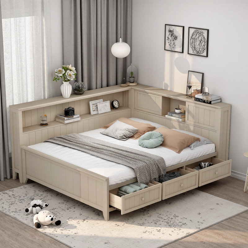Storage Daybed Farmhouse Style - Full Size Bed Frame with Shelves & Drawers, Antique White, Lit double