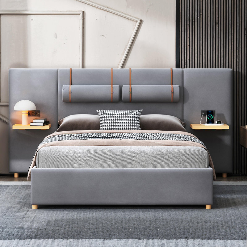 Grand lit plateforme tapissier, Gris
