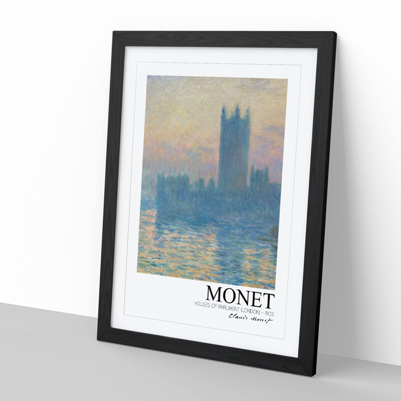 Houses of Parliament with Border by Claude Monet - Picture Frame Painting, Black Framed, 65cm H x 48cm W x 2cm D