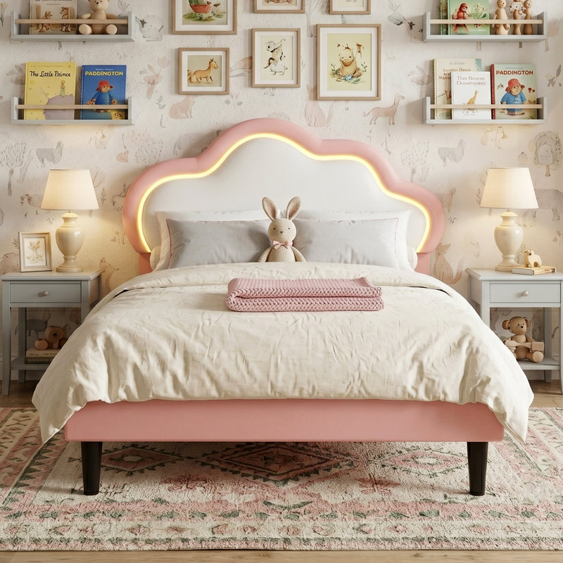 European Single (90X200cm) Children's Bed With LED Headboard, Upholstered Cloud Shaped Frame, Pink Faux Leather