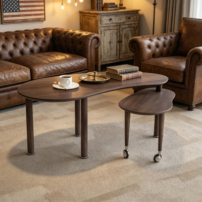 Contemporary Rotatable Cocktail Table with Solid Rubber Wood Legs, 360 Degree Rotating Coffee Table with Wood Grain Veneer Tabletop for Living Room, Bedroom