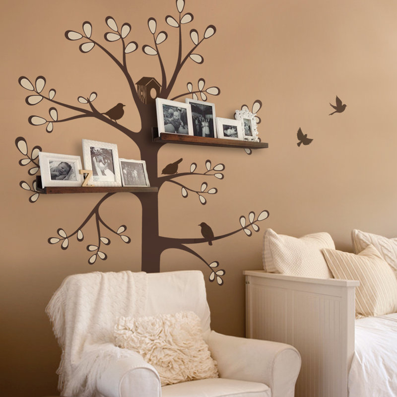 Décalcomanie murale arbre de rayonnage avec oiseaux-nouveau, Blanc perle / blanc perle