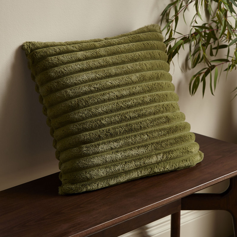 Cosy Ribbed Faux Fur Cushion, Polyester, Olive Green