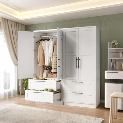 Wooden Cabinet with 2 Drawers, Freestanding Wardrobe for Clothes with Door and Shelves, Wooden Clothes Cabinet for Bedroom, Laundry Room, Closet