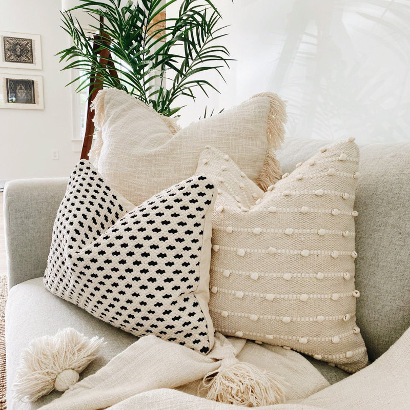 Boho Pillows Textured Black and Neutral Cotton Pillow Cover 14"x20"