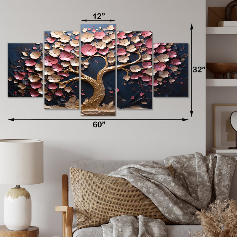 Orchidée rose et or, jardin de branches IV - arbre, art mural multipanel