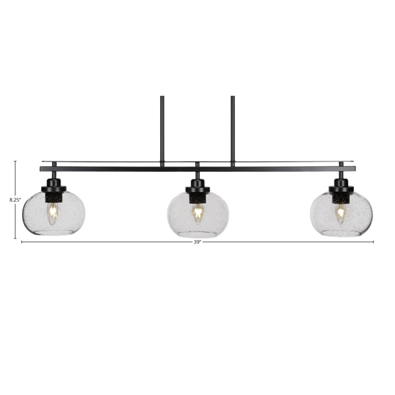 Luminaire pour îlot de cuisine 3 lumières Bove au fini noir mat avec verre transparent de 7 po, H 8,25 po x l 39 po x P 7 po